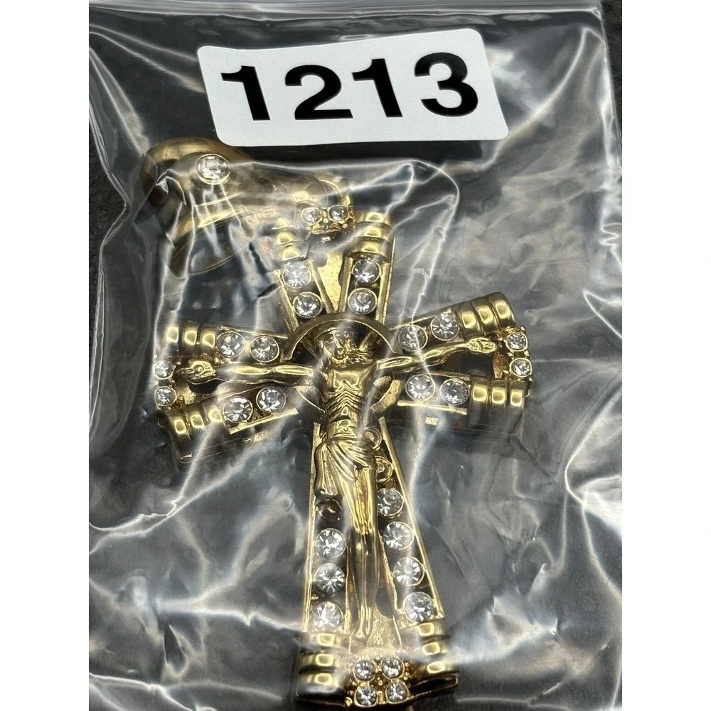 HUGE Gold Tone Crucifix Cross Pendant Jesus Clear Rhinestone Religious Jewelry